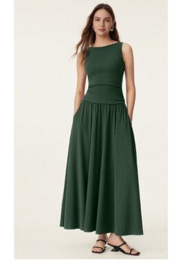 NWT OGL Lightweight Cotton Rib Maxi Umbrella Skirt, Green | Size Large